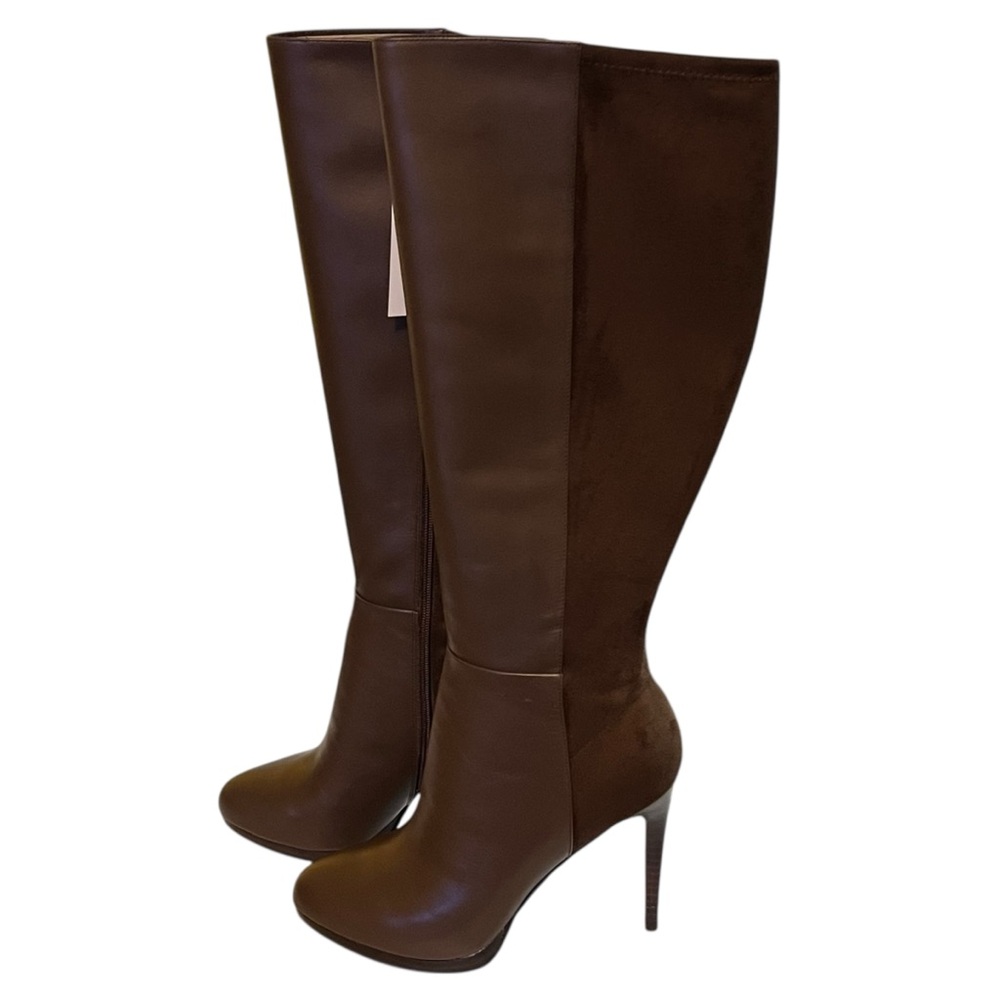 Nine West QuizMe Brown Leather Platform Boots - Size 10.5 - NEW Wide Calf